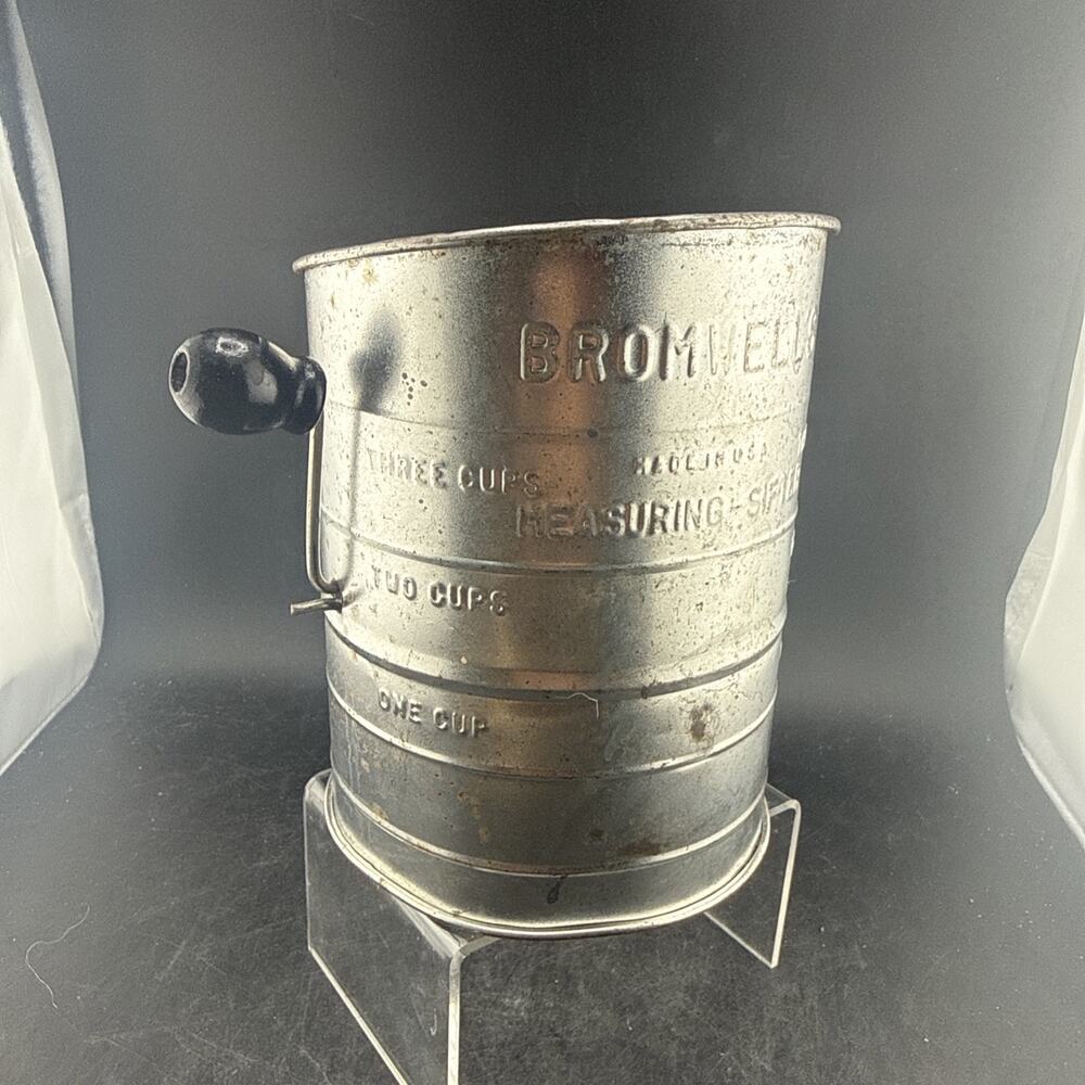 Vintage Bromwells Measuring Flour Sifter 3 Cup Tin Wood Handle Farmhouse Decor